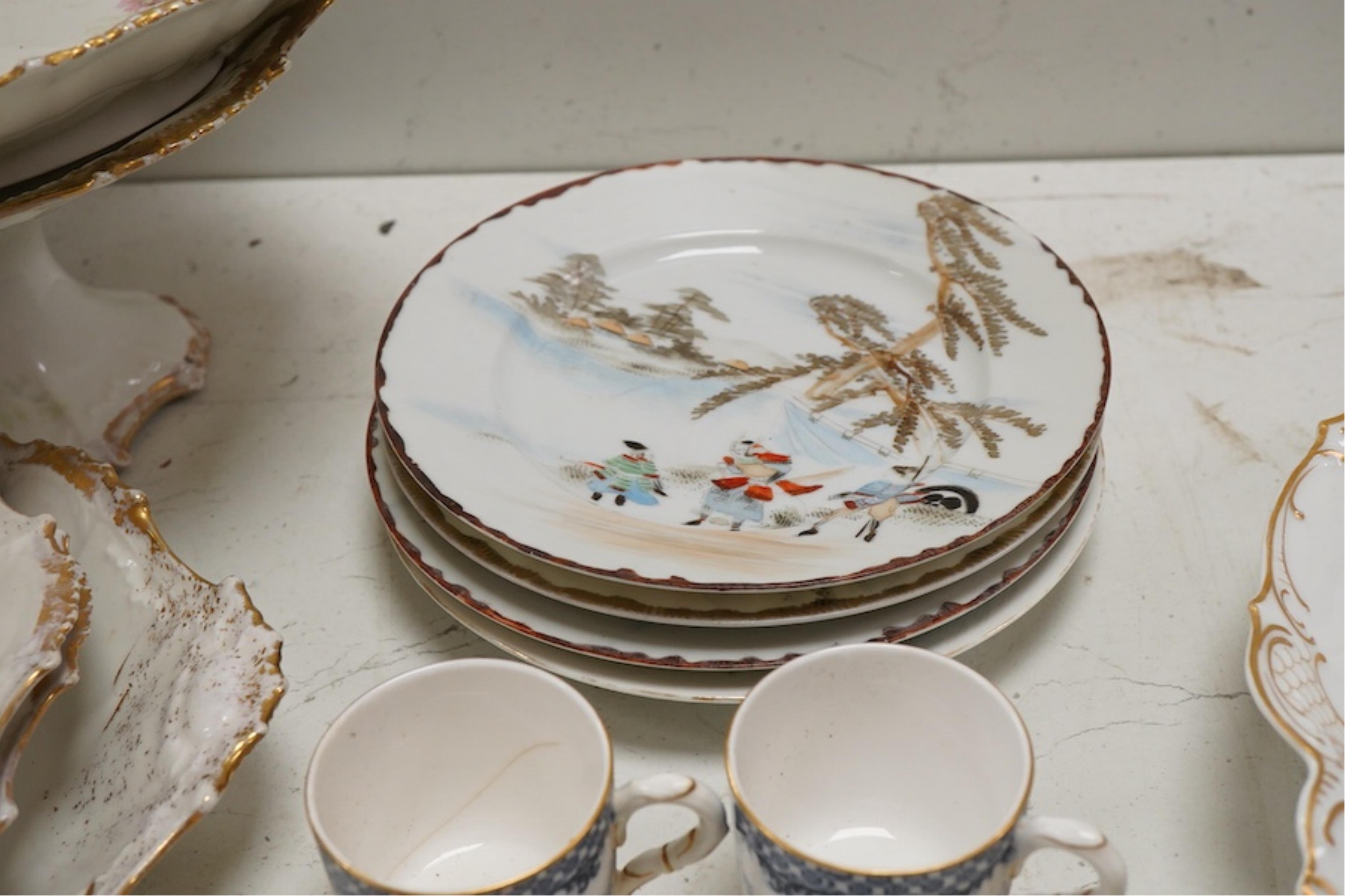 A collection of various 19th century and later European ceramics to include Dresden, Royal Worcester etc. and four Japanese ceramic plates